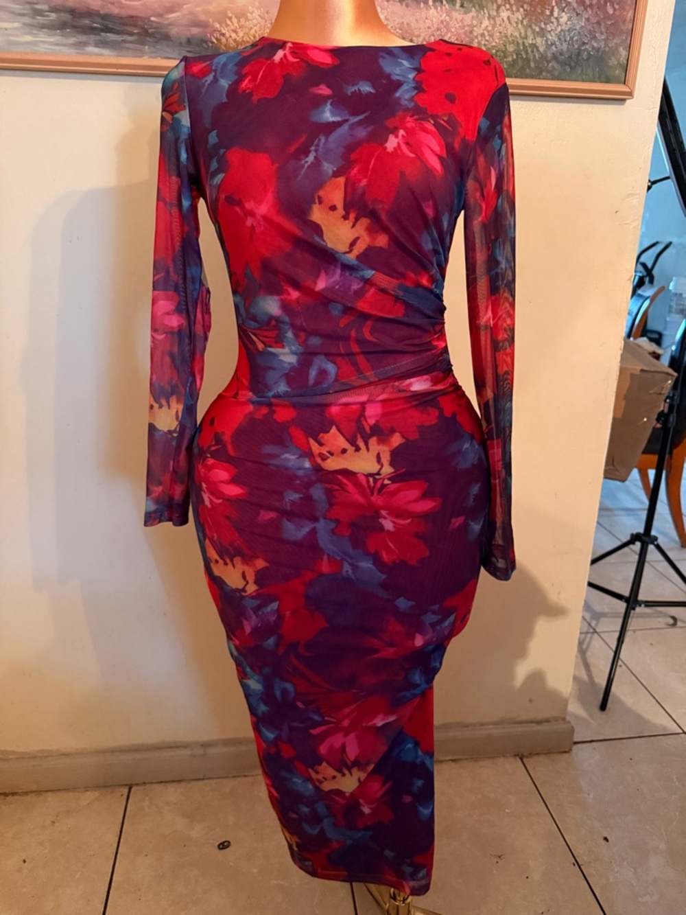 Long Sleeve Floral Midi Bodycon Dress in Purple and Red